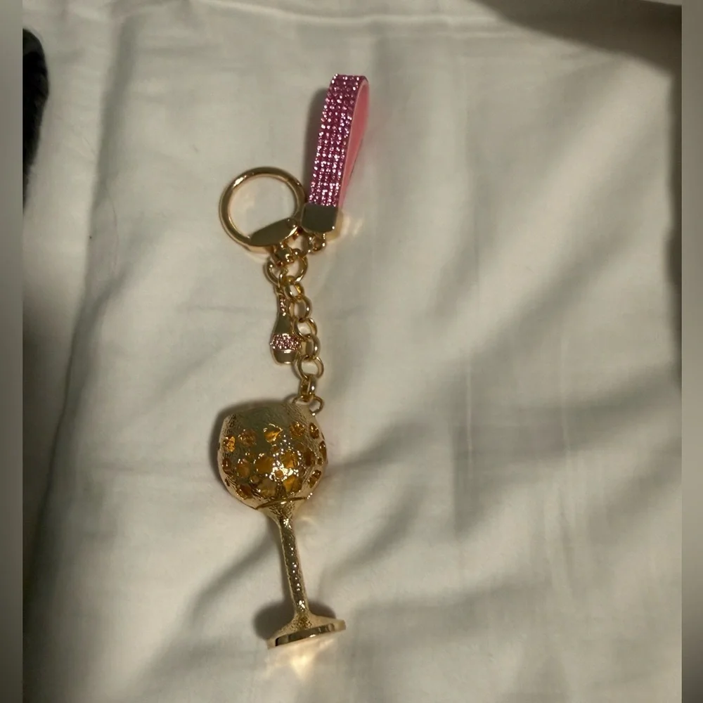 Keychain/Bag Charm Elegant Pink stones and Gold tone Wine Glass!